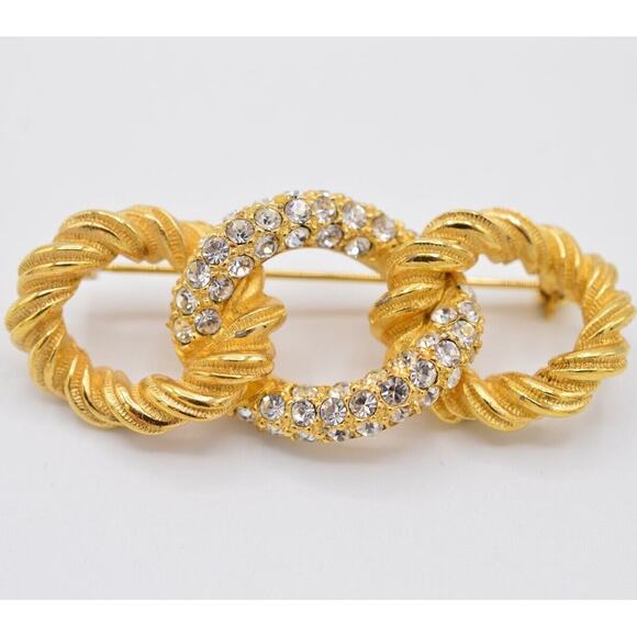 Christian Dior Vintage Crystal Pin Brooch Gold Linked Circles Signed 1980s Bin1 - Picture 1 of 12
